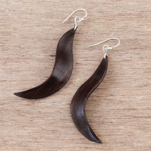 Alternate image for Wavy Leather Dangle Earrings in Brown from Thailand Lithe Leaves in Brown