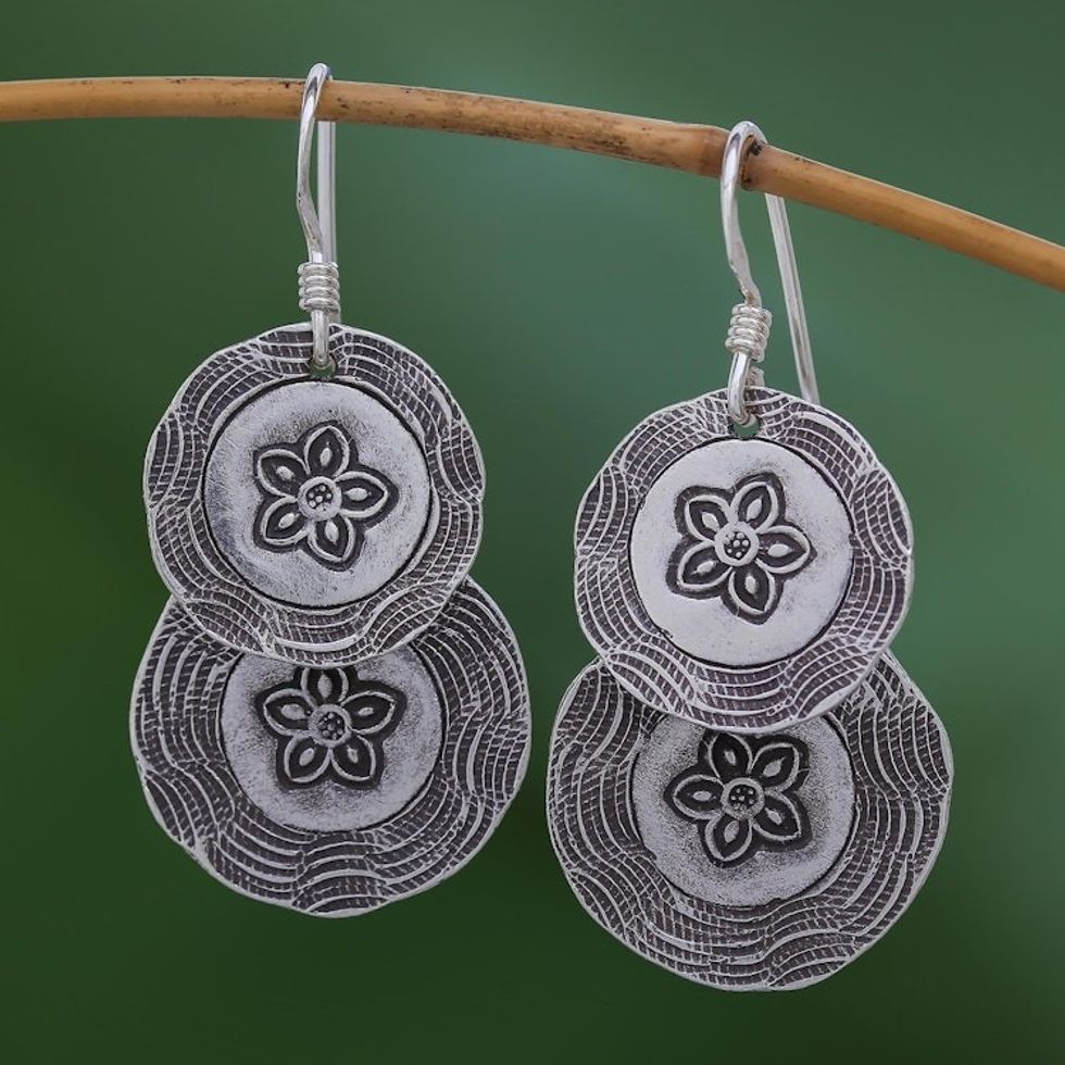 Round Floral Karen Silver Dangle Earrings from Thailand 'Floral Cyclones'