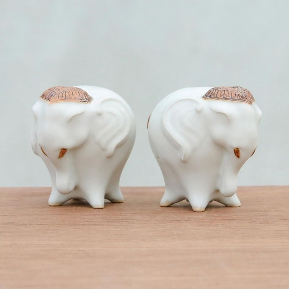Ceramic Elephant Salt and Pepper Shakers in White Pair 'Calm Elephants in White'