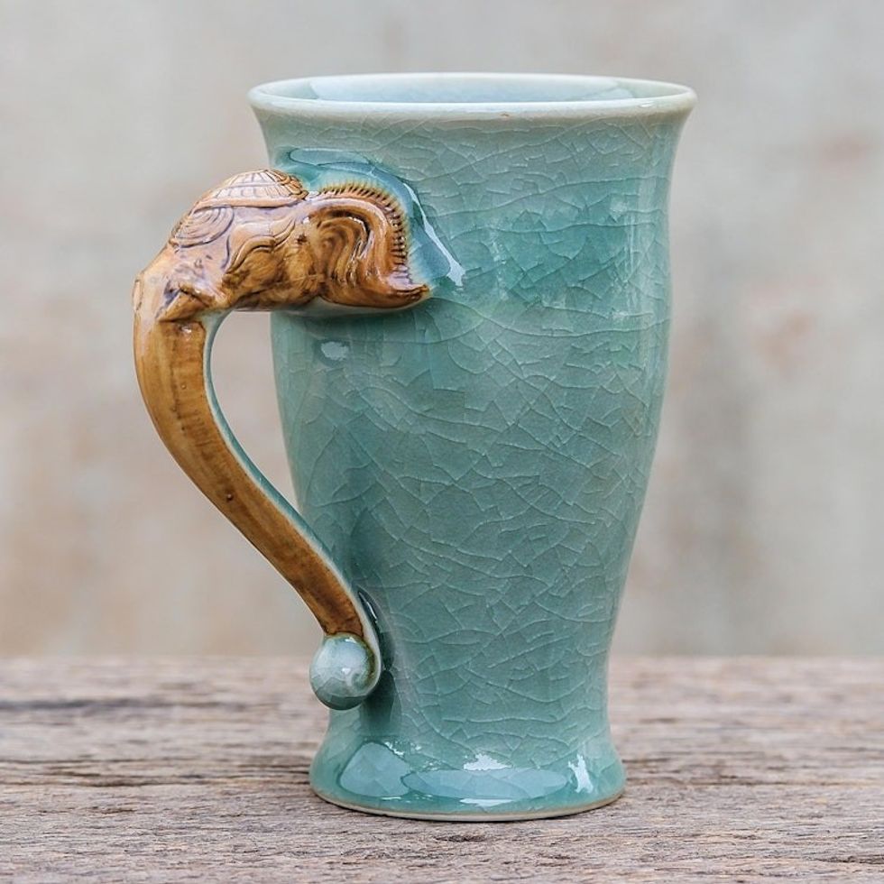 Elephant-Themed Celadon Ceramic Mug from Thailand 'Elephant Handle in Green'