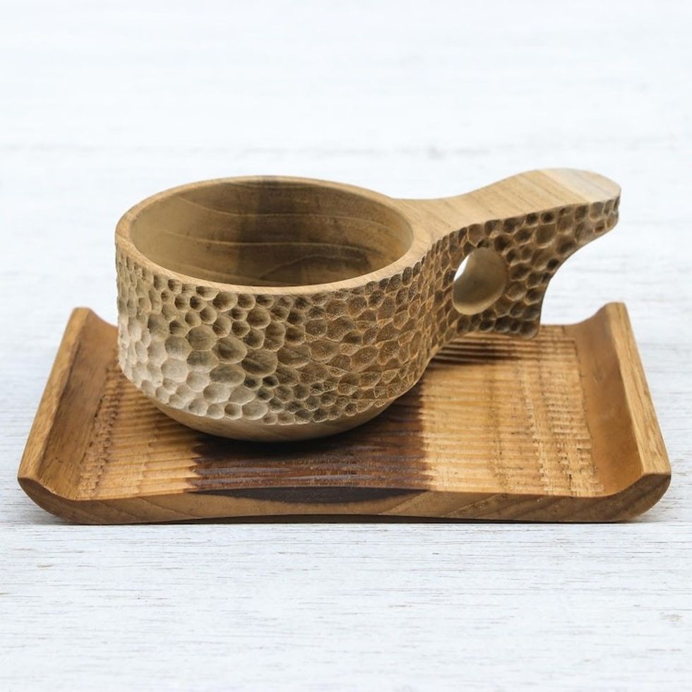 Handmade Teak Wood Cup and Saucer in Light Brown 'Natural Blend in Light Brown'