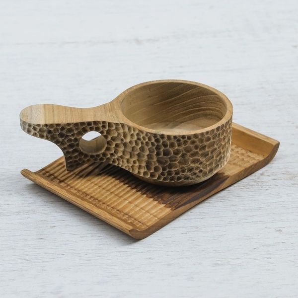 Alternate image for Handmade Teak Wood Cup and Saucer in Light Brown Natural Blend in Light Brown