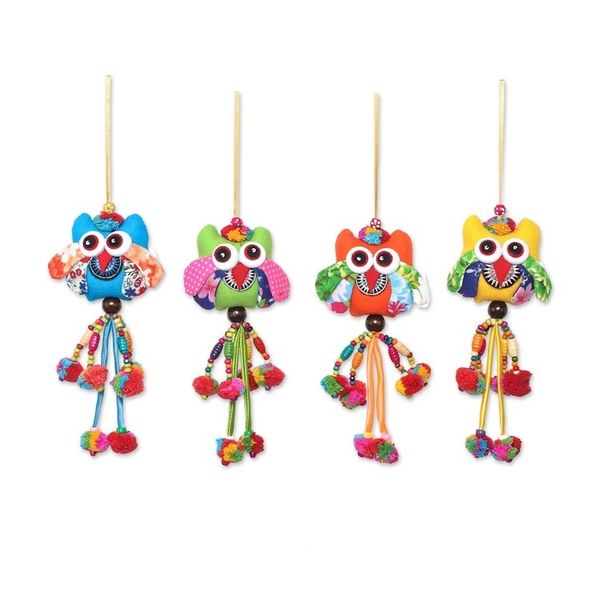Alternate image for Colorful Cotton Owl Ornaments from Thailand Set of 4 Owl Color