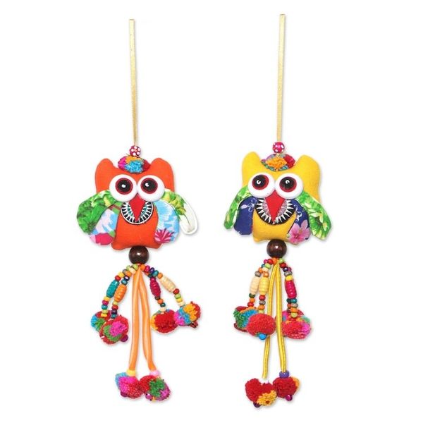 Alternate image for Colorful Cotton Owl Ornaments from Thailand Set of 4 Owl Color