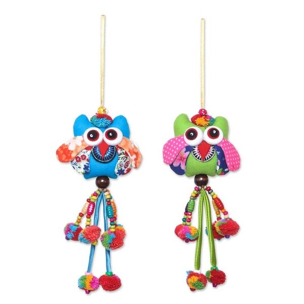 Alternate image for Colorful Cotton Owl Ornaments from Thailand Set of 4 Owl Color