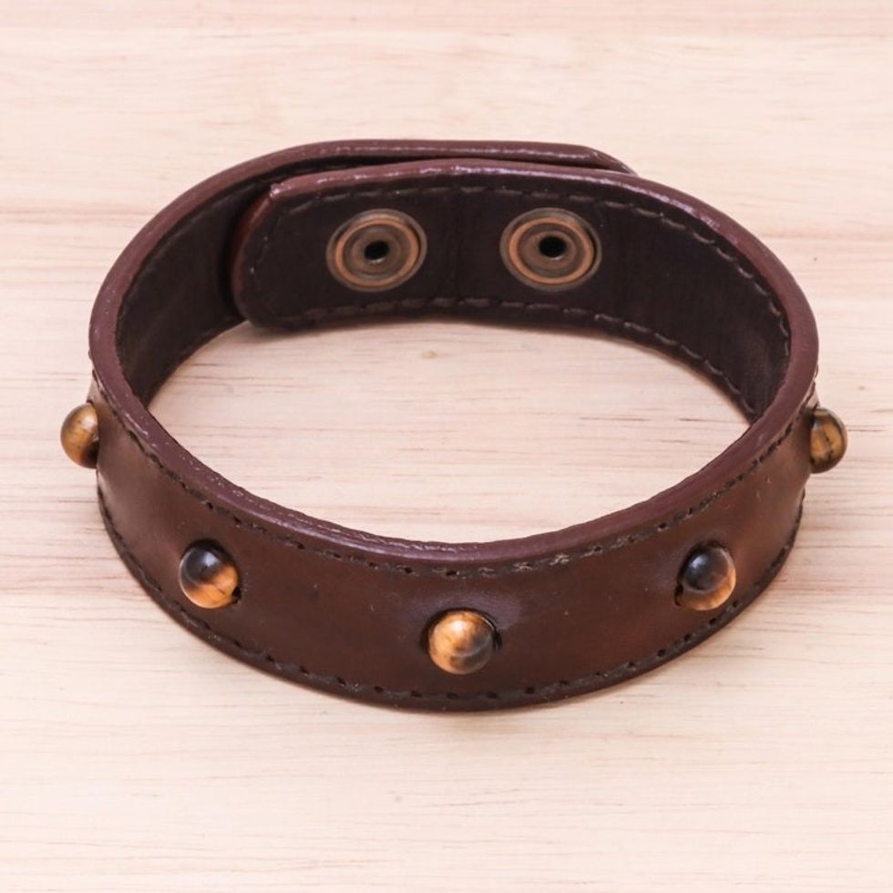 Men's Tiger's Eye and Leather Beaded Wristband Bracelet 'Powerful Mind'