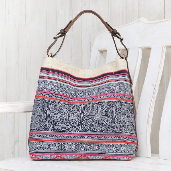 Alternate image for Leather-Accented Batik Cotton Shoulder Bag Hmong Labyrinth