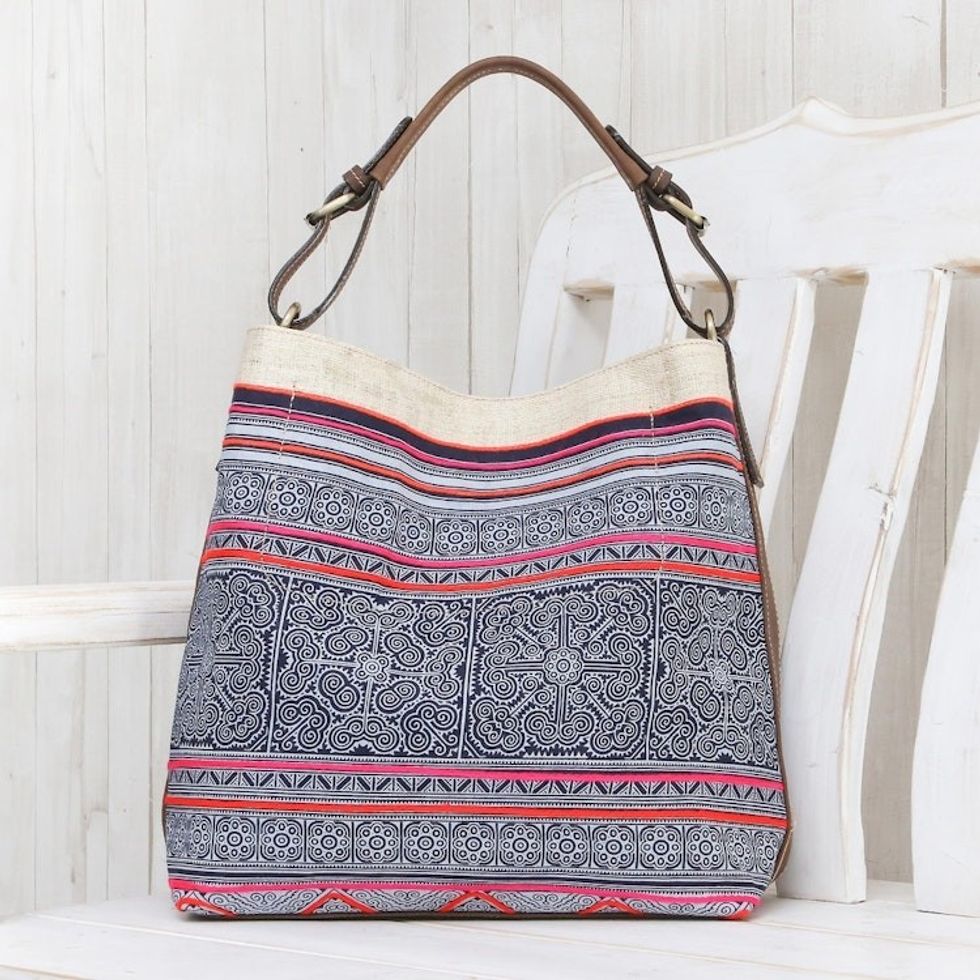 Leather-Accented Batik Cotton Shoulder Bag 'Hmong Labyrinth'