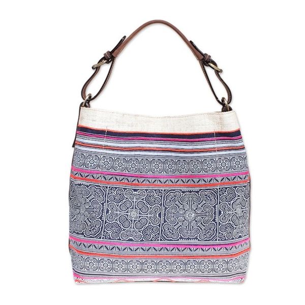 Alternate image for Leather-Accented Batik Cotton Shoulder Bag Hmong Labyrinth