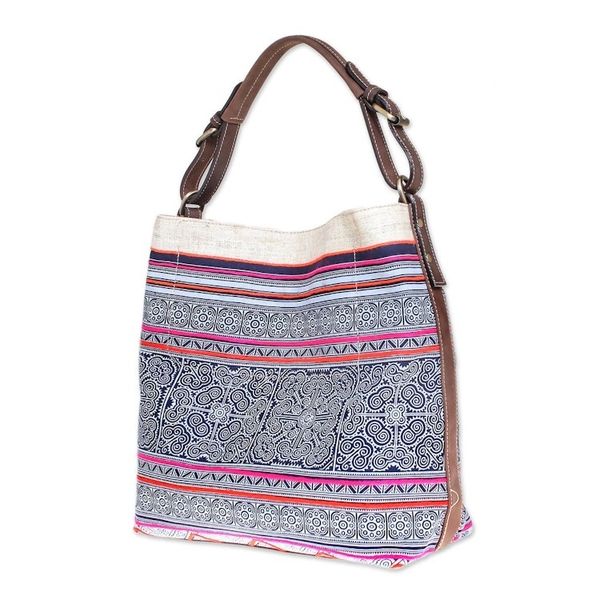 Alternate image for Leather-Accented Batik Cotton Shoulder Bag Hmong Labyrinth