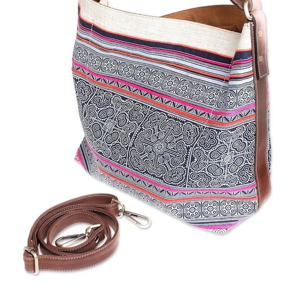 Alternate image for Leather-Accented Batik Cotton Shoulder Bag Hmong Labyrinth