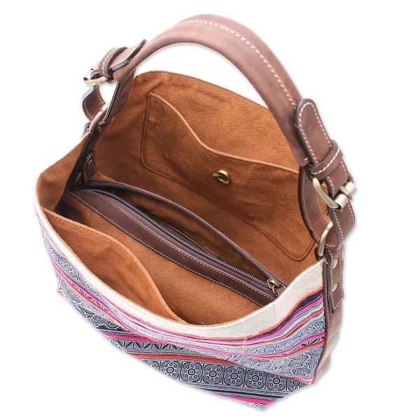 Alternate image for Leather-Accented Batik Cotton Shoulder Bag Hmong Labyrinth