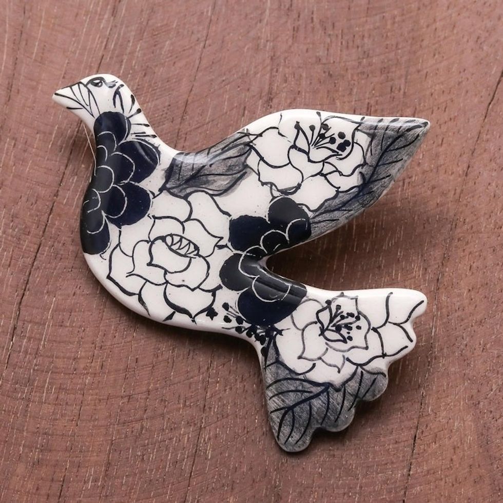 Black Floral Ceramic Dove Brooch Pin from Thailand 'Rosy Dove'
