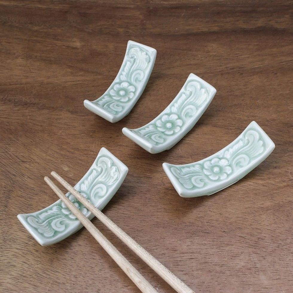 Floral Celadon Ceramic Chopstick Rests Set of 4 'Flower Cuisine'