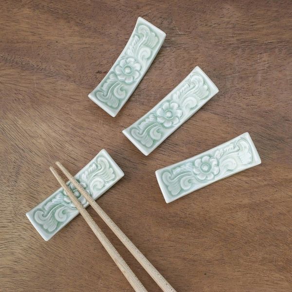 Alternate image for Floral Celadon Ceramic Chopstick Rests Set of 4 Flower Cuisine