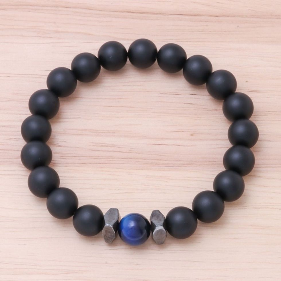 Black Onyx and Blue Tiger's Eye Beaded Stretch Bracelet 'Black Sky'
