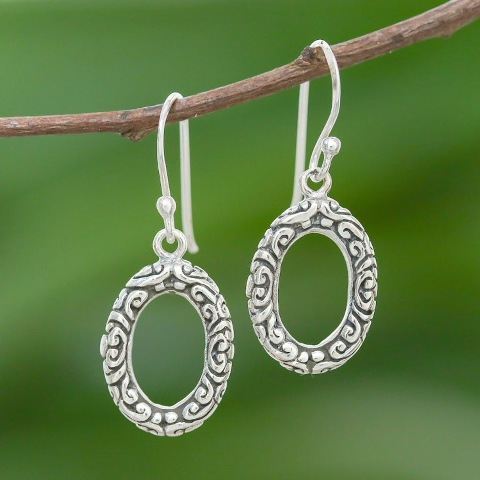 Patterned Oval Sterling Silver Dangle Earrings from Thailand 'Oval Fascination'
