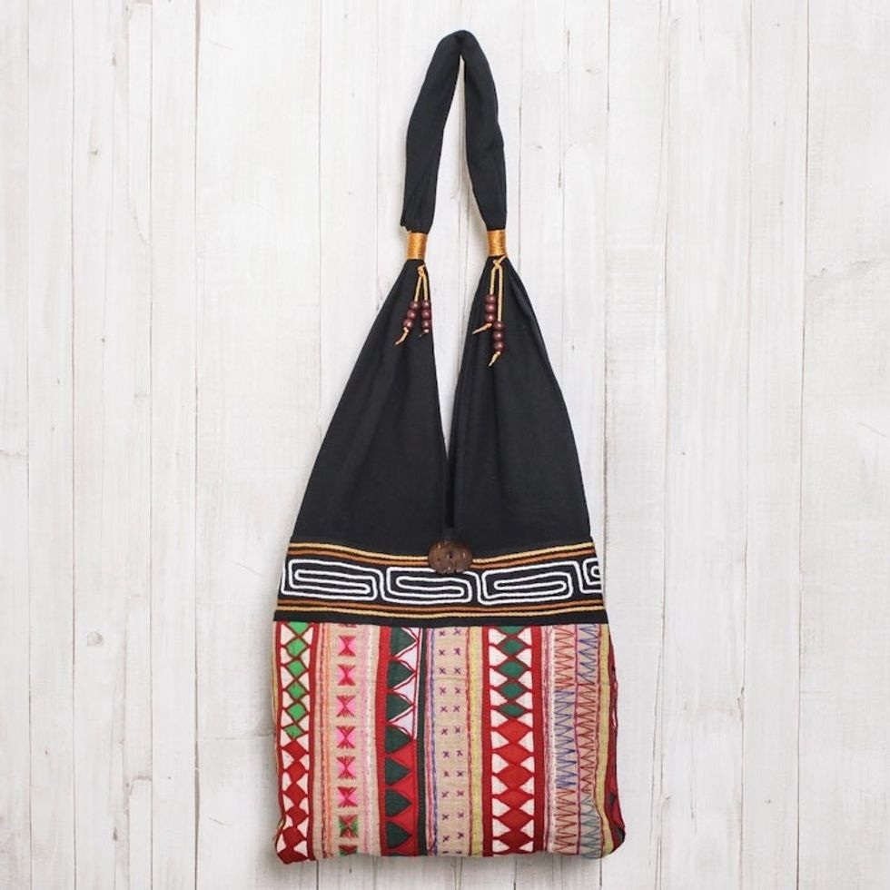 Thai Multicolored Cotton Shoulder Bag with Geometric Motif 'Thai Wanderer'
