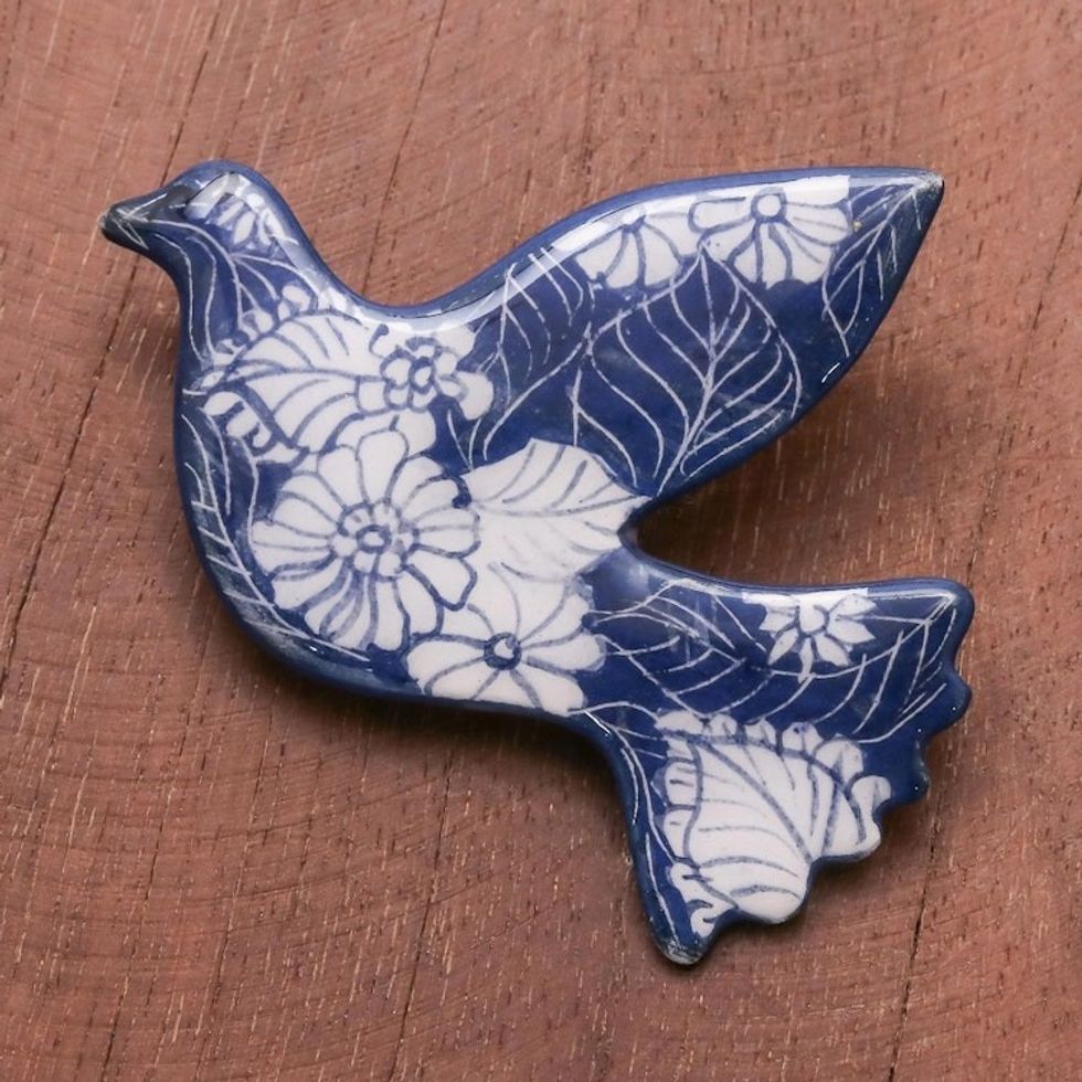 Blue Floral Ceramic Dove Brooch from Thailand 'Midnight Dove'
