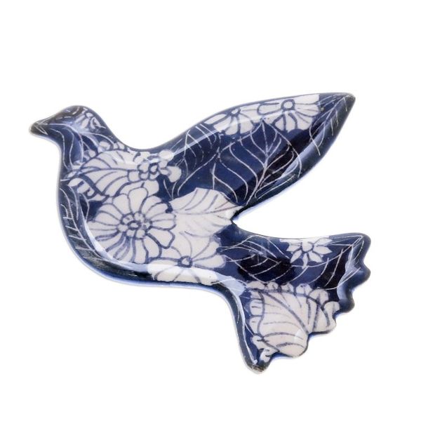 Alternate image for Blue Floral Ceramic Dove Brooch from Thailand Midnight Dove