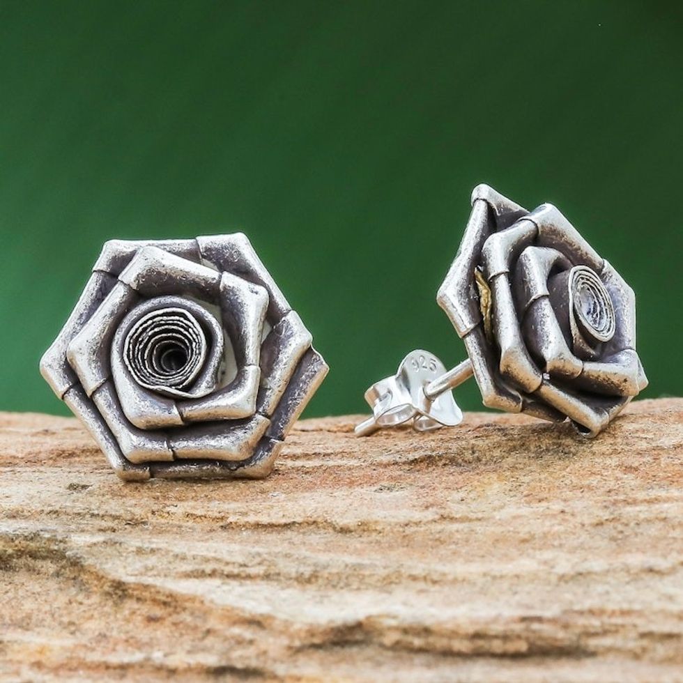 Thai Karen Hill Tribe Silver Flower Earrings 'Origami Rose'