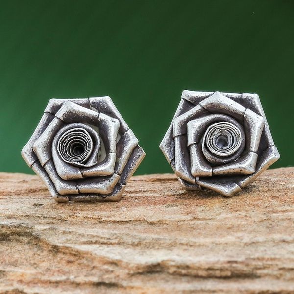 Alternate image for Thai Karen Hill Tribe Silver Flower Earrings Origami Rose