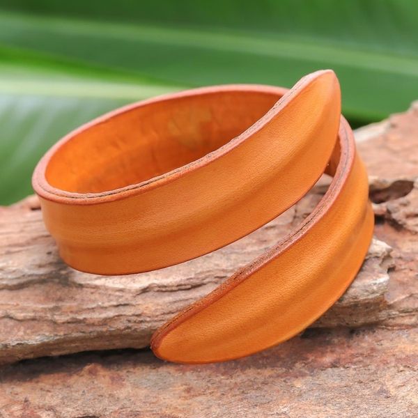Alternate image for Modern Leather Wrap Bracelet in Orange from Thailand Simple Caress in Orange