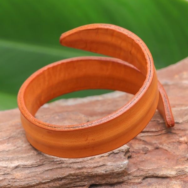Alternate image for Modern Leather Wrap Bracelet in Orange from Thailand Simple Caress in Orange