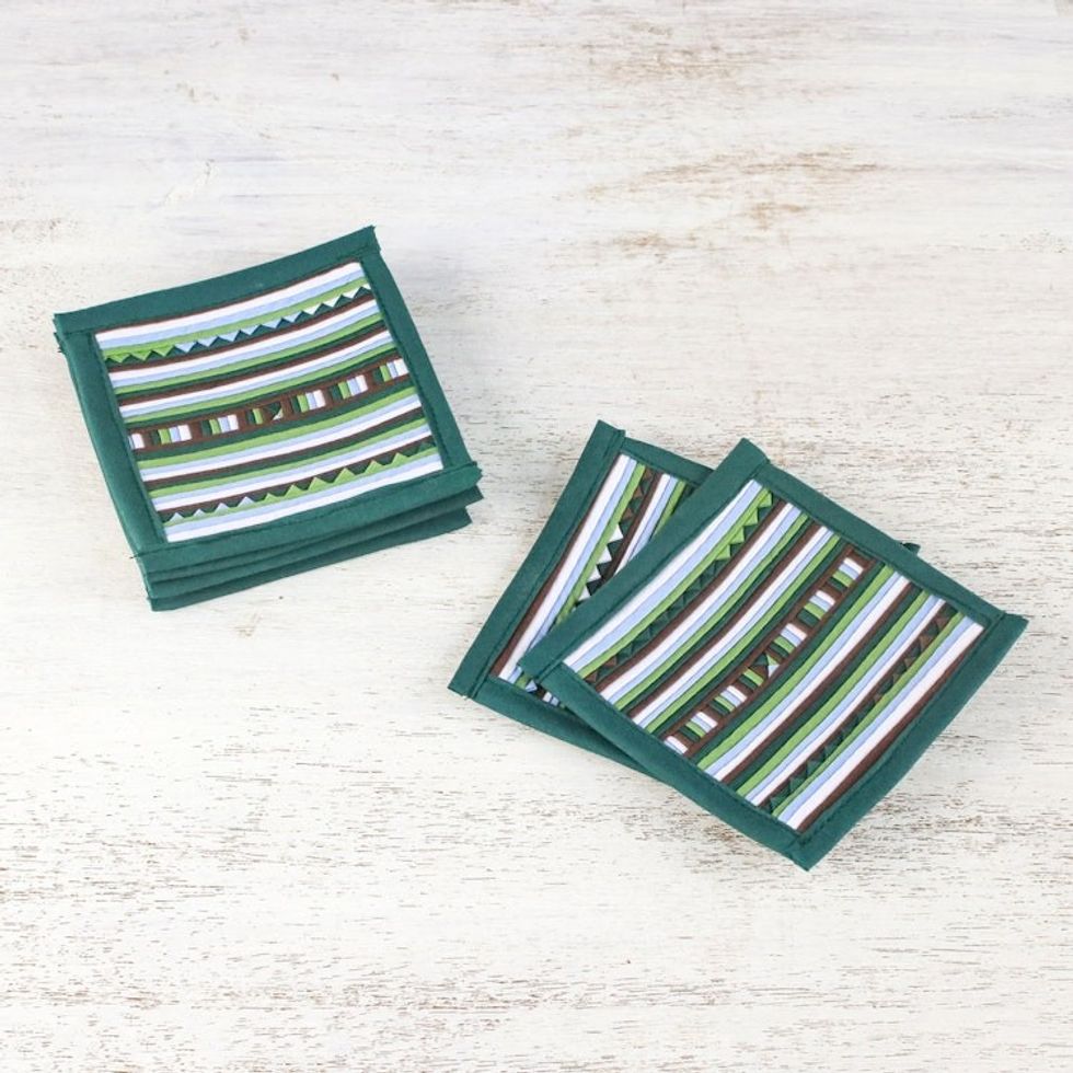 Striped Green Blue Brown Cotton Blend Coasters Set of 6 'Lively Lahu in Emerald'