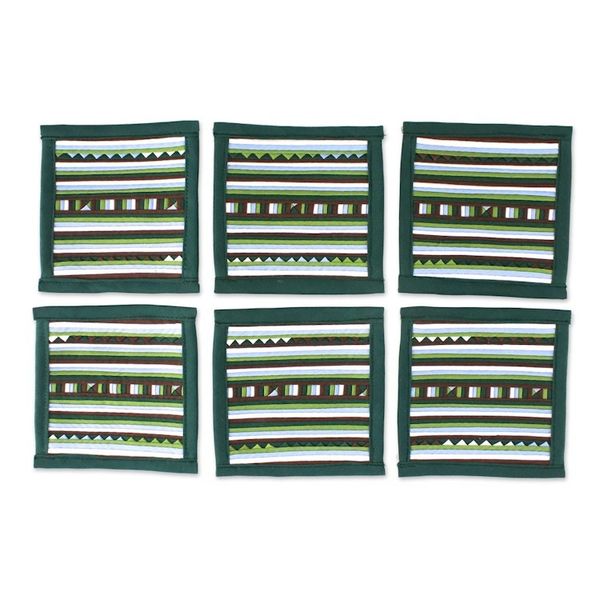 Alternate image for Striped Green Blue Brown Cotton Blend Coasters Set of 6 Lively Lahu in Emerald