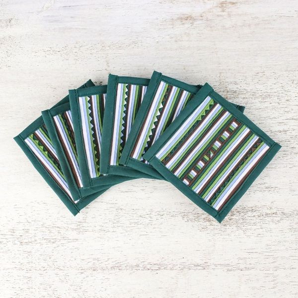 Alternate image for Striped Green Blue Brown Cotton Blend Coasters Set of 6 Lively Lahu in Emerald