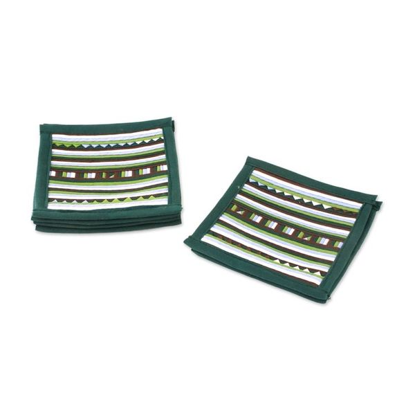 Alternate image for Striped Green Blue Brown Cotton Blend Coasters Set of 6 Lively Lahu in Emerald