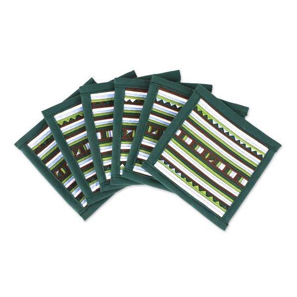 Alternate image for Striped Green Blue Brown Cotton Blend Coasters Set of 6 Lively Lahu in Emerald