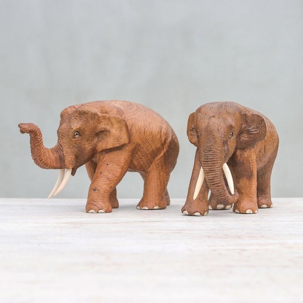 Handmade Teak Wood Elephant Sculptures from Thailand Pair 'Elephant Buddies'