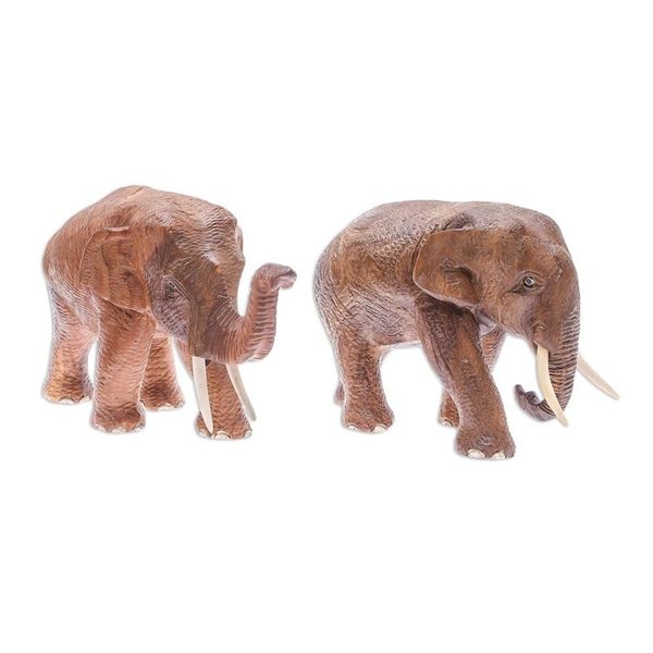 Alternate image for Handmade Teak Wood Elephant Sculptures from Thailand Pair Elephant Buddies