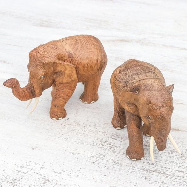 Alternate image for Handmade Teak Wood Elephant Sculptures from Thailand Pair Elephant Buddies