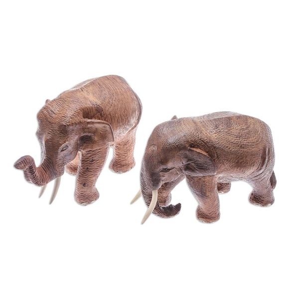 Alternate image for Handmade Teak Wood Elephant Sculptures from Thailand Pair Elephant Buddies