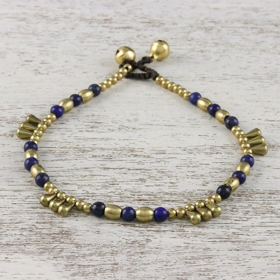 Lapis Lazuli and Brass Beaded Anklet from Thailand 'Musical Wanderer'
