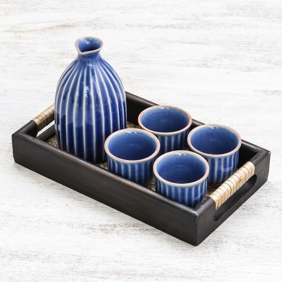 Blue Ceramic Decanter and Cups with Wood Tray Set for 4 'Ridges'