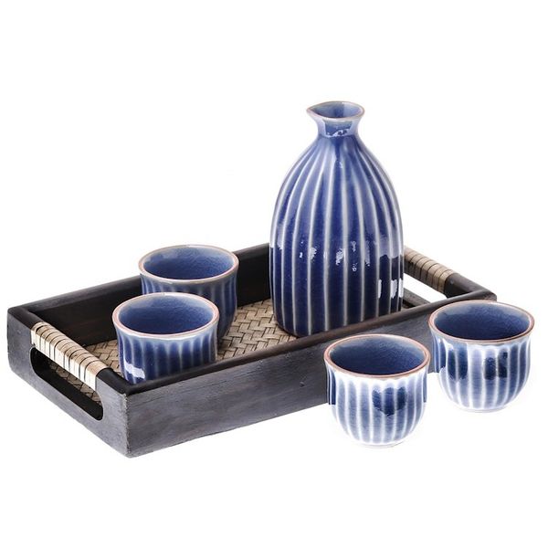 Alternate image for Blue Ceramic Decanter and Cups with Wood Tray Set for 4 Ridges