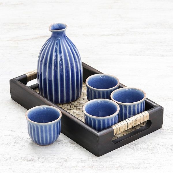 Alternate image for Blue Ceramic Decanter and Cups with Wood Tray Set for 4 Ridges