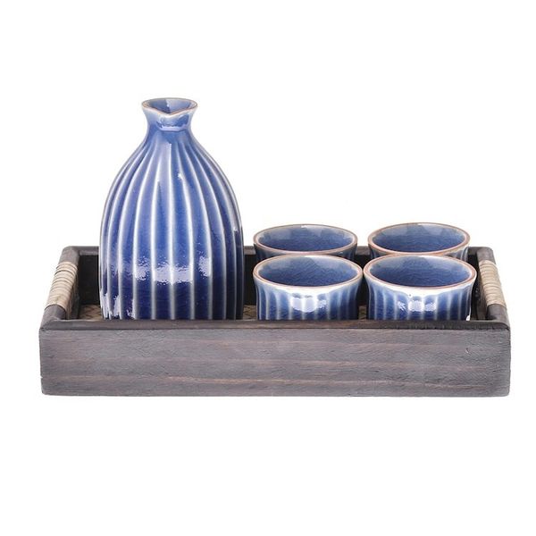 Alternate image for Blue Ceramic Decanter and Cups with Wood Tray Set for 4 Ridges