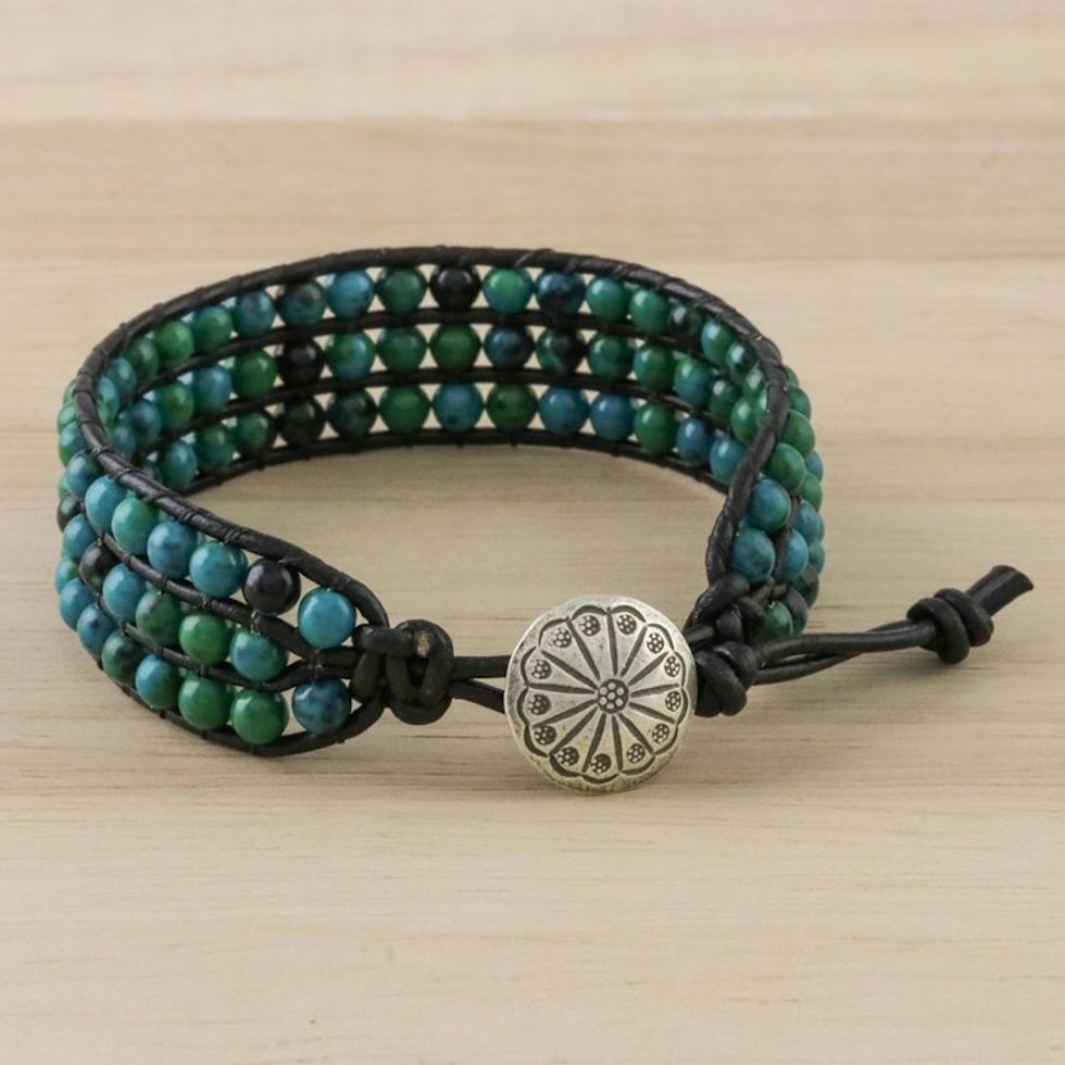 Serpentine Bead and Karen Silver Button Wristband Bracelet 'Lagoon Depths'