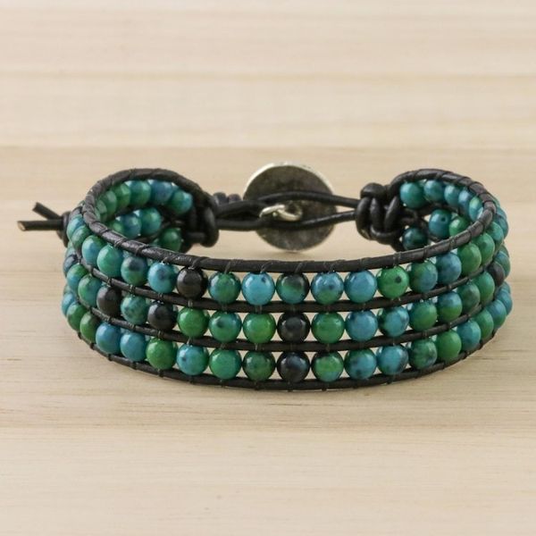 Alternate image for Serpentine Bead and Karen Silver Button Wristband Bracelet Lagoon Depths