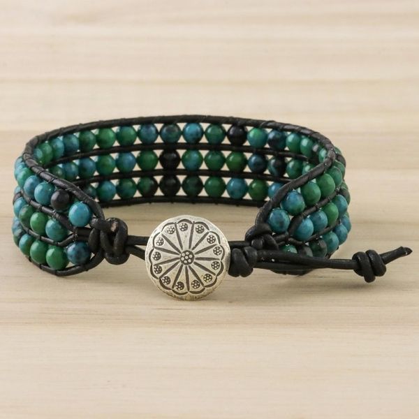 Alternate image for Serpentine Bead and Karen Silver Button Wristband Bracelet Lagoon Depths