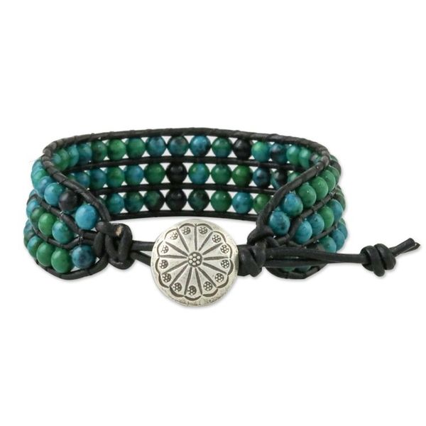 Alternate image for Serpentine Bead and Karen Silver Button Wristband Bracelet Lagoon Depths