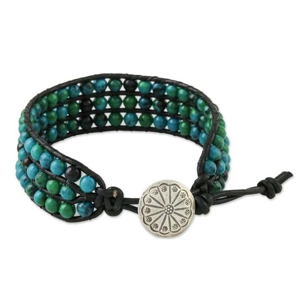 Alternate image for Serpentine Bead and Karen Silver Button Wristband Bracelet Lagoon Depths