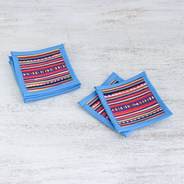 Alternate image for Cotton Patchwork Coasters with Blue Trim Set of 6 Lahu Blue