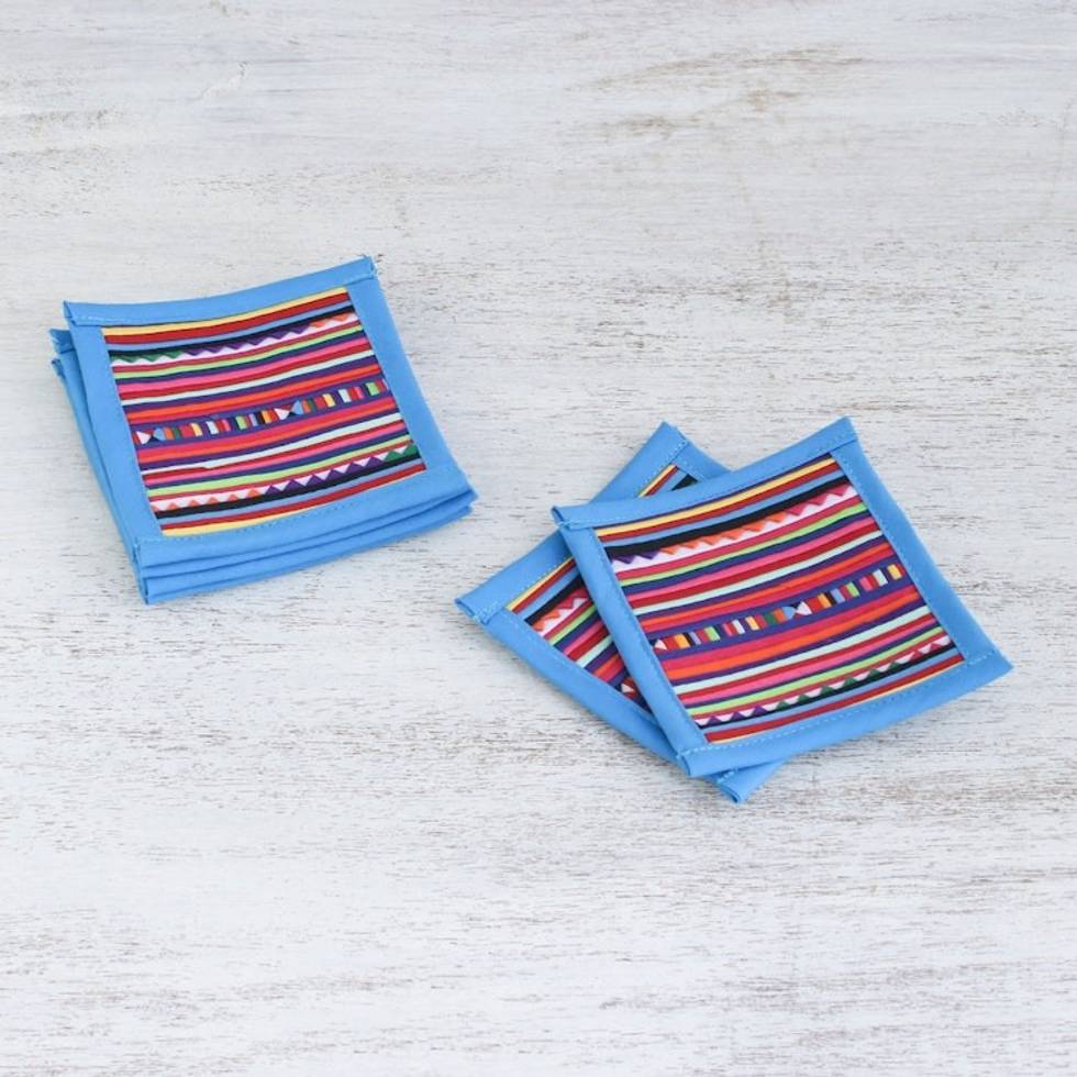 Cotton Patchwork Coasters with Blue Trim Set of 6 'Lahu Blue'