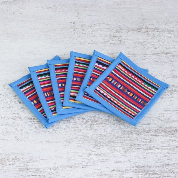 Alternate image for Cotton Patchwork Coasters with Blue Trim Set of 6 Lahu Blue